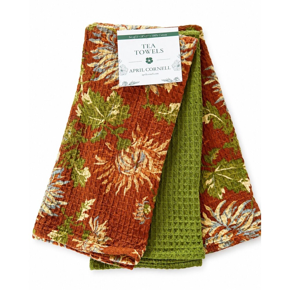 April Cornell Antoinette Dish Towels Set of 3 Brown Green Floral Waffle Weave